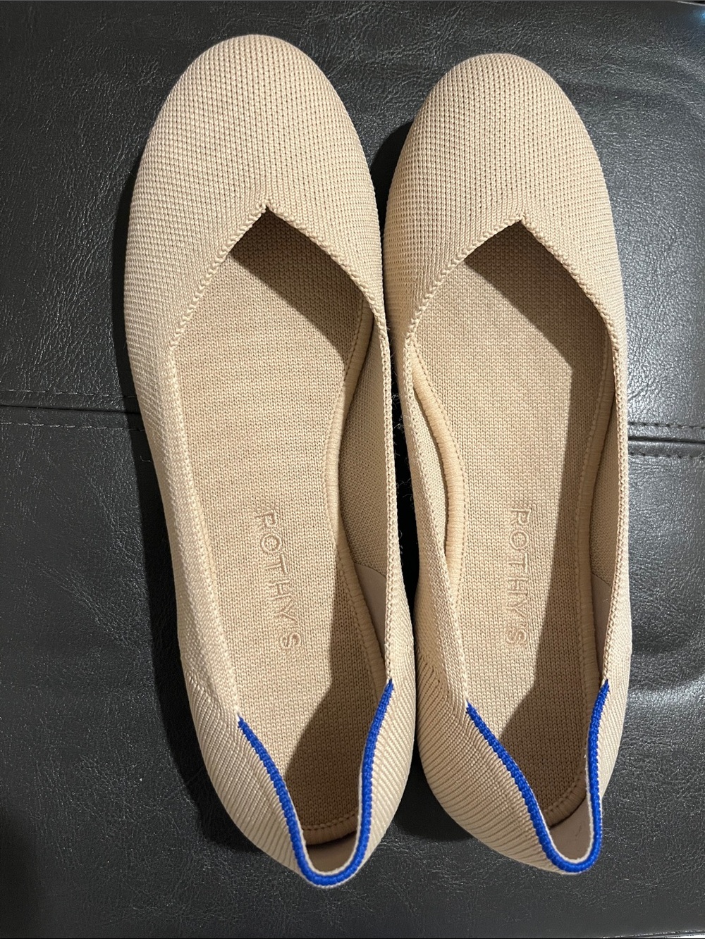 Rothy's Beige Knit Flats with Blue Trim